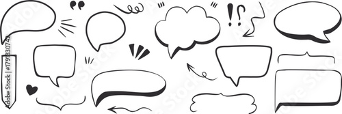 Hand drawn comic speech bubble set with clouds, rectangles, circles, and exclamation shapes for text, doodle dialogue callout collection for cartoon or pop art design elements.
