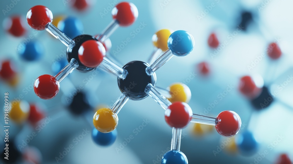 Obraz premium Premium scientific 3D model of arginine showing complete molecular structure rotating on axis, atomic components clearly differentiated by color, perfect bond representations, microscopic detail,