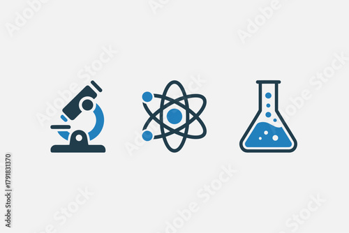 Science icon set featuring a microscope atom and Erlenmeyer flask flat vector illustration for educational materials and scientific presentations