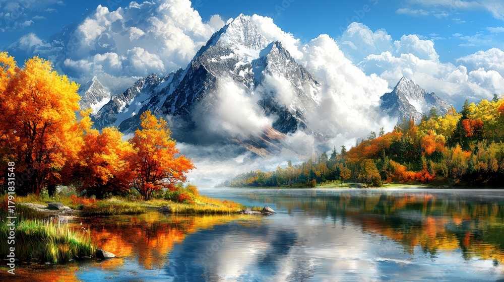 Fototapeta premium Autumnal Serenity Majestic Mountain Lake Reflection.