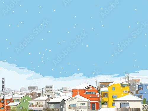 겨울 하늘 아래 눈 덮인 다채로운 집들의 풍경, 평화로운 마을의 일상적인 모습