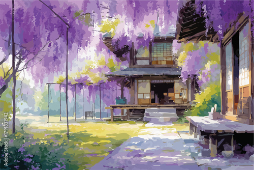 아름다운 보라색 등꽃이 만발한 일본 전통 가옥 정원의 평화로운 풍경