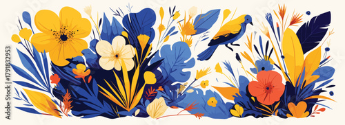 파란색과 노란색 꽃과 새들이 어우러진 다채롭고 추상적인 벡터 일러스트레이션