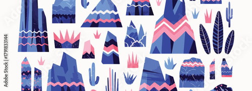 다양한 산과 식물들이 추상적이고 기하학적인 스타일로 그려진 배경 일러스트