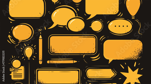 다양한 말풍선, 연필, 전구 아이콘이 포함된 노란색과 검은색의 추상적인 벡터 일러스트레이션