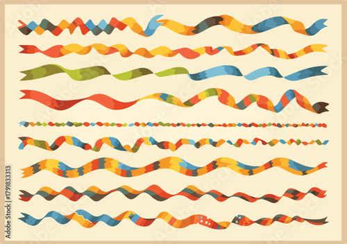 다채로운 색상의 줄무늬 리본들이 다양한 형태로 부드럽게 휘어져 있는 벡터 일러스트입니다.