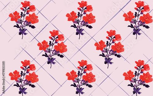 부드러운 파스텔 톤 배경에 반복되는 빨간 꽃다발 패턴 디자인