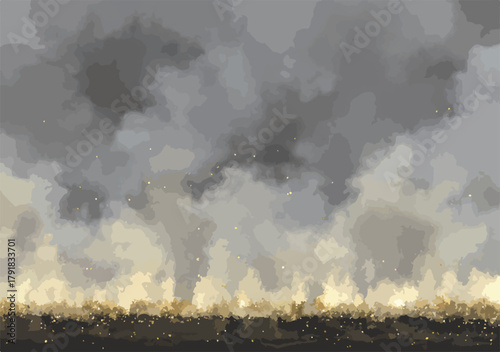 연기가 솟아나는 재난 현장, 황량한 풍경 속 희망의 불씨를 담은 추상적인 표현