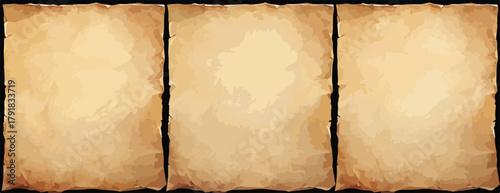 세 개의 낡은 양피지 배경이 어두운 테두리 안에 나란히 배열되어 있습니다.