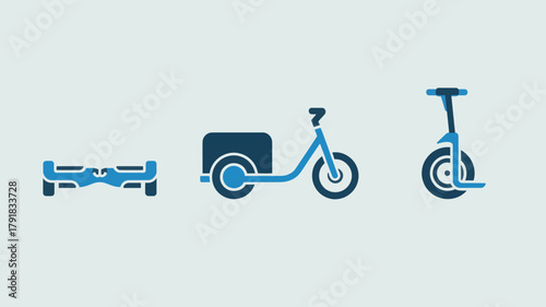 Set of personal transportation icons including a hoverboard cargo bike and electric unicycle flat vector design for apps and infographics isolated on white background