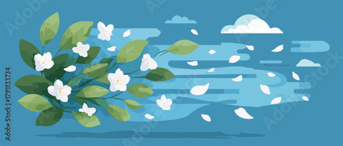 봄바람에 흩날리는 하얀 꽃잎과 푸른 잎사귀가 조화로운 풍경