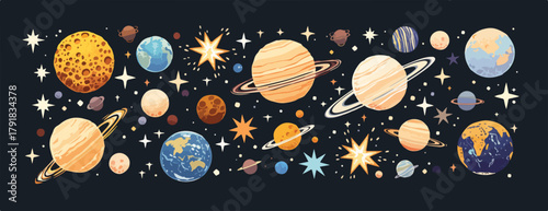 우주 행성과 별들이 반짝이는 아름다운 밤하늘을 수놓은 환상적인 일러스트