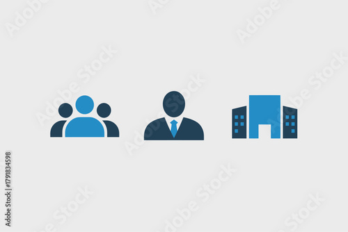 Set of business icons flat vector design of team leader and company building isolated on white background