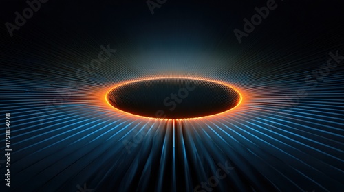 Fototapeta Naklejka Na Ścianę i Meble -  Abstract radial tunnel structure with glowing orange energy ring and blue digital sound rays