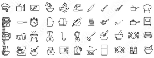 Detailed Cooking and Kitchen Utensils Vector Illustration Set Representing Culinary Arts and Home Kitchen Appliances, Ideal for Restaurant Menus and Recipe Illustrations, Black and White Design