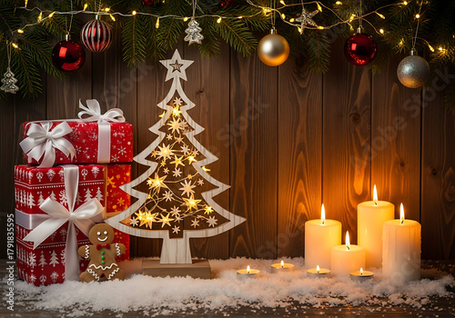 Warm, rustic Christmas scene featuring a glowing wooden tree, lit candles, and gift boxes on a snowy surface