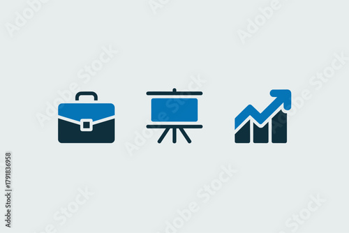 Set of business icons including a briefcase presentation board and graph flat vector design elements for web and mobile apps isolated on white background