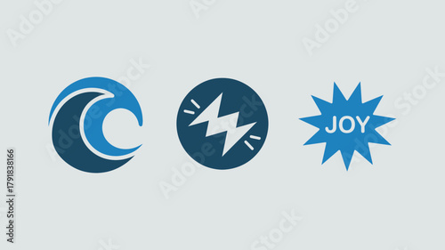 Set of three abstract icons including wave lightning and starburst simple flat vector design element for web and mobile apps isolated on white background