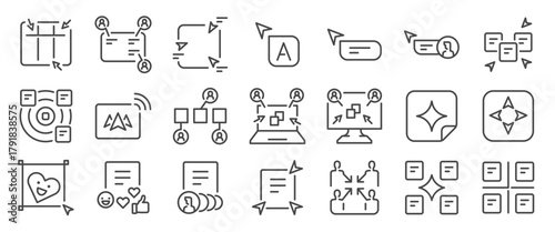 Virtual board, icon set. It includes virtual whiteboard, team, remote, work, wfh, and more icons. Editable Vector Stroke.