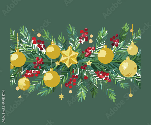 Lush Green Plants Garland with Golden Stars Red Berries Christmas Baubles Pine Branches Festive Holiday Decoration