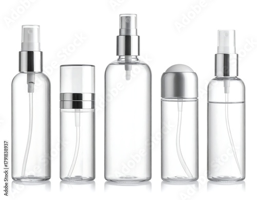 Wallpaper Mural Assortment of clear, empty spray and pump bottles in various shapes and sizes, displayed in a row against a plain white background Torontodigital.ca
