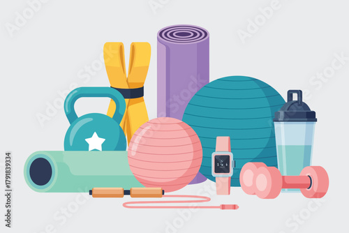 Vector illustration of fitness and workout equipment flat lay with yoga mat, kettlebell, dumbbells, jump rope, stability ball, shaker bottle, and smart watch