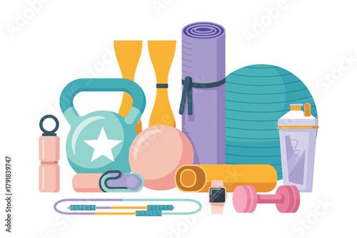 Vector illustration of fitness and workout equipment collection including kettlebell, yoga mat, resistance band, dumbbell, and shaker bottle