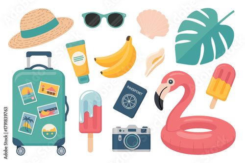 Vector illustration of summer vacation travel essentials including a suitcase, hat, sunglasses, passport, camera, sunscreen, bananas, ice cream, flamingo float, and seashell
