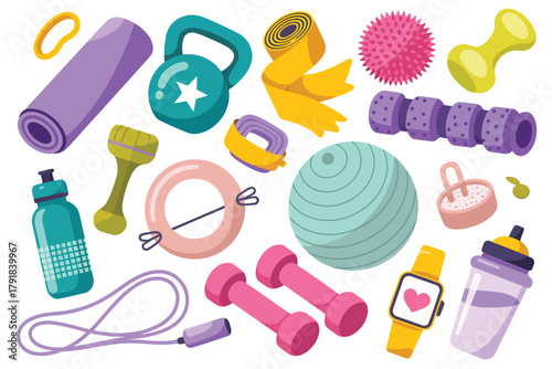 Vector illustration of collection of fitness and workout equipment including yoga mat, dumbbells, kettlebell, jump rope, and exercise ball