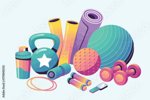 Vector illustration of assortment of fitness equipment for a comprehensive workout, including a yoga mat, dumbbells, kettlebell, resistance bands, and a shaker bottle