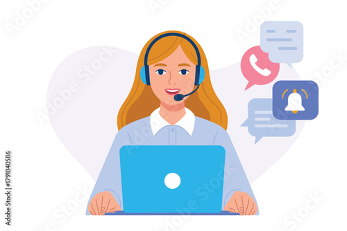 Vector illustration of friendly female customer support agent with headset and laptop, actively engaging in communication and providing assistance