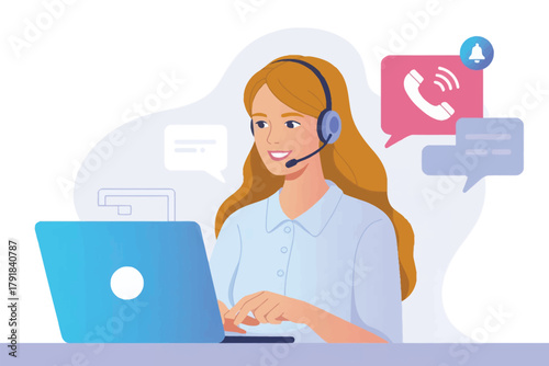 Vector illustration of focused customer support specialist with headset and laptop, providing assistance and communication
