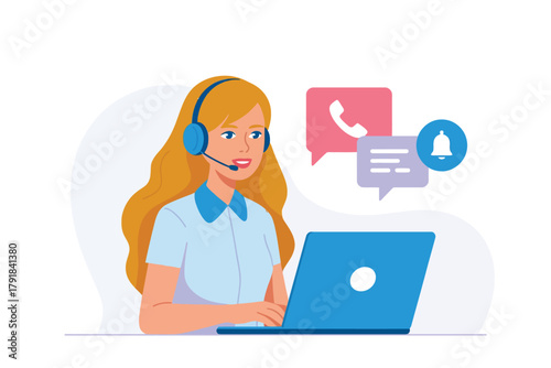 Vector illustration of customer service representative with headset and laptop, handling calls and notifications, flat illustration style