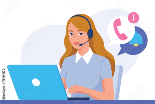 Vector illustration of customer support agent with headset and laptop, managing incoming calls and alerts, flat vector illustration