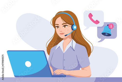 Vector illustration of a friendly female customer service representative wearing a headset and working on a laptop, with call and notification icons in speech bubbles above her