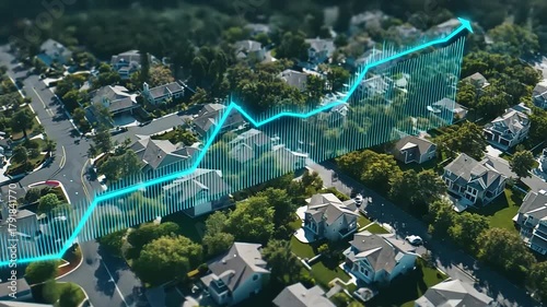 Aerial view of a suburban neighborhood with a rising graph overlay, indicating growth and development trends