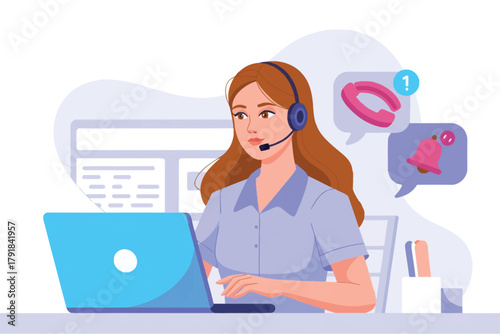Vector illustration of customer service representative with headset and laptop, receiving calls and notifications