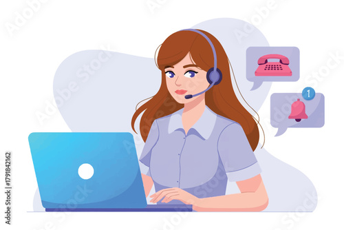 Vector illustration of customer service operator with headset and laptop, with telephone and notification icons in speech bubbles