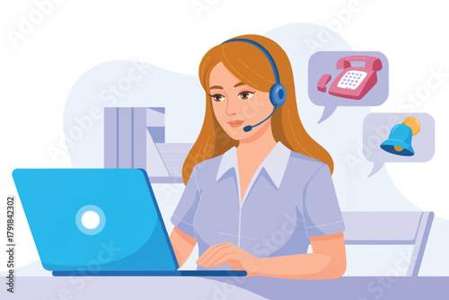 Vector illustration of customer service representative with headset and laptop, receiving calls and notifications