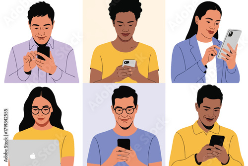 Vector illustration of montage of diverse people using smartphones, a tablet, and a laptop