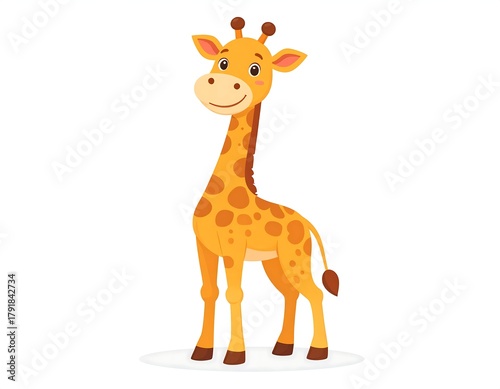 Wallpaper Mural Cartoon giraffe with brown spots stands tall on a white surface, smiling. It's a cheerful, friendly, and vibrant illustration Torontodigital.ca