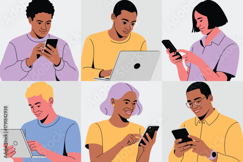 Vector illustration of set of diverse people interacting with various digital devices like phones, laptops, and tablets