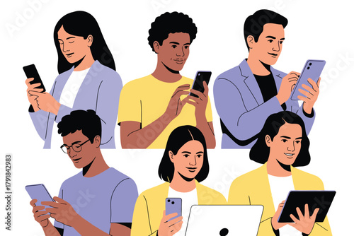 Vector illustration of collection of diverse individuals engaged with their mobile devices, showcasing modern digital interaction
