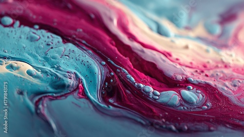 Fluid art presents dynamically rotating vortices, composed of vibrant magenta and cyan inks suspended in milk, forming smooth, organic shapes with high contrast and a dynamic effect.