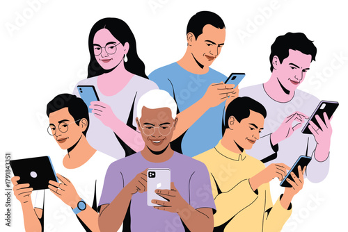 Vector illustration of a diverse group of people, men and women, are engrossed in their smartphones and tablets