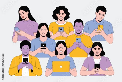 Vector illustration of a diverse group of people, men and women, are engrossed in their smartphones and tablets