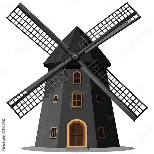 Wallpaper Mural Cartoon illustration depicting a black windmill with rotating blades, wooden doors, and small rectangular windows. The design is simple and clean Torontodigital.ca