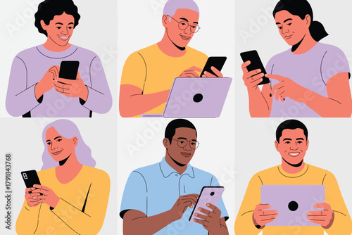 Vector illustration of set of diverse people, men and women of different ages and ethnicities, interacting with smartphones, tablets, and laptops