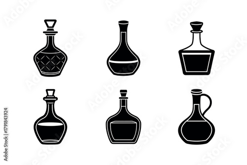 Wine Decanter Glass Bottle Vector Icon Set – Spirits Barware Silhouette