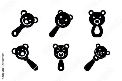 Baby Rattle Bear Toy Vector Icon Set – Child Nursery Silhouette